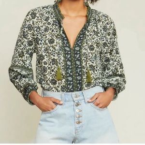 Veronica Beard top, olive green, cream & navy print. Excellent condition size S